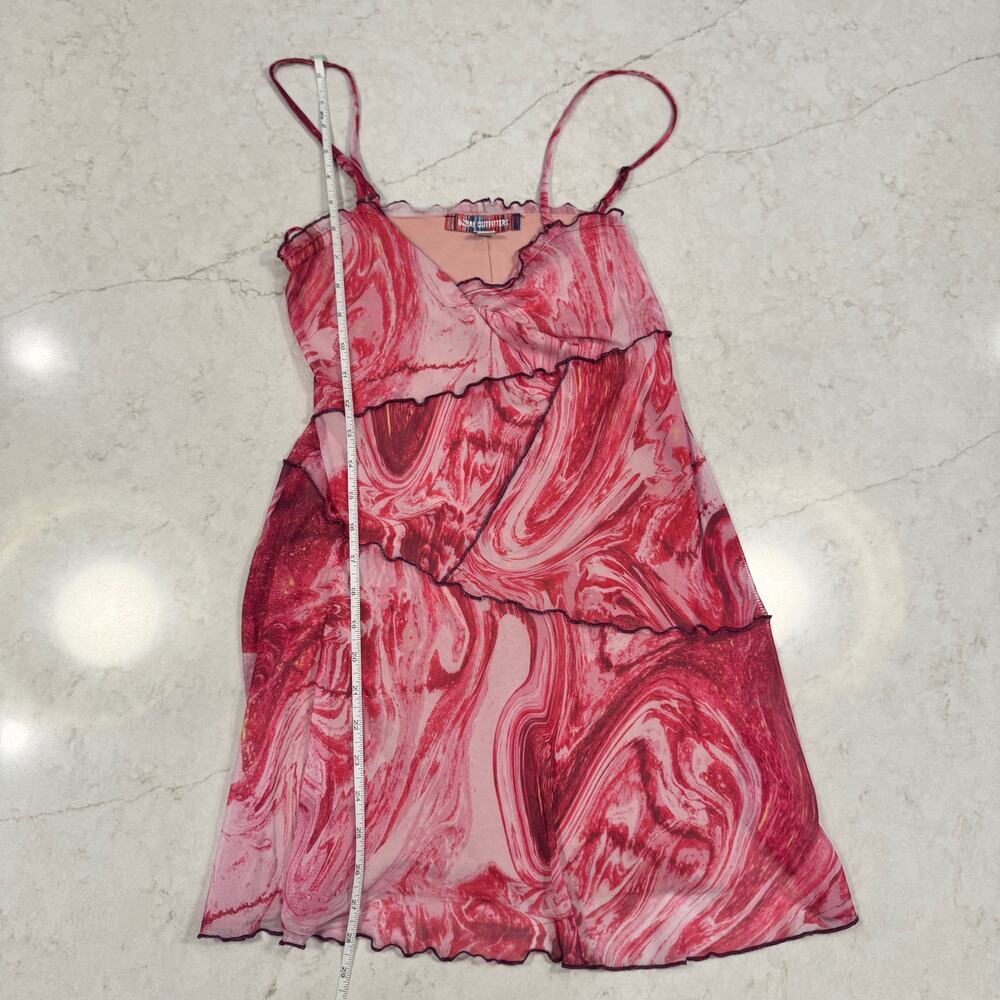Y2K Barbiecore Mesh Mini Dress Pink Sheer Slip Ruffle Festival Coquette Small - Picture 4 of 16